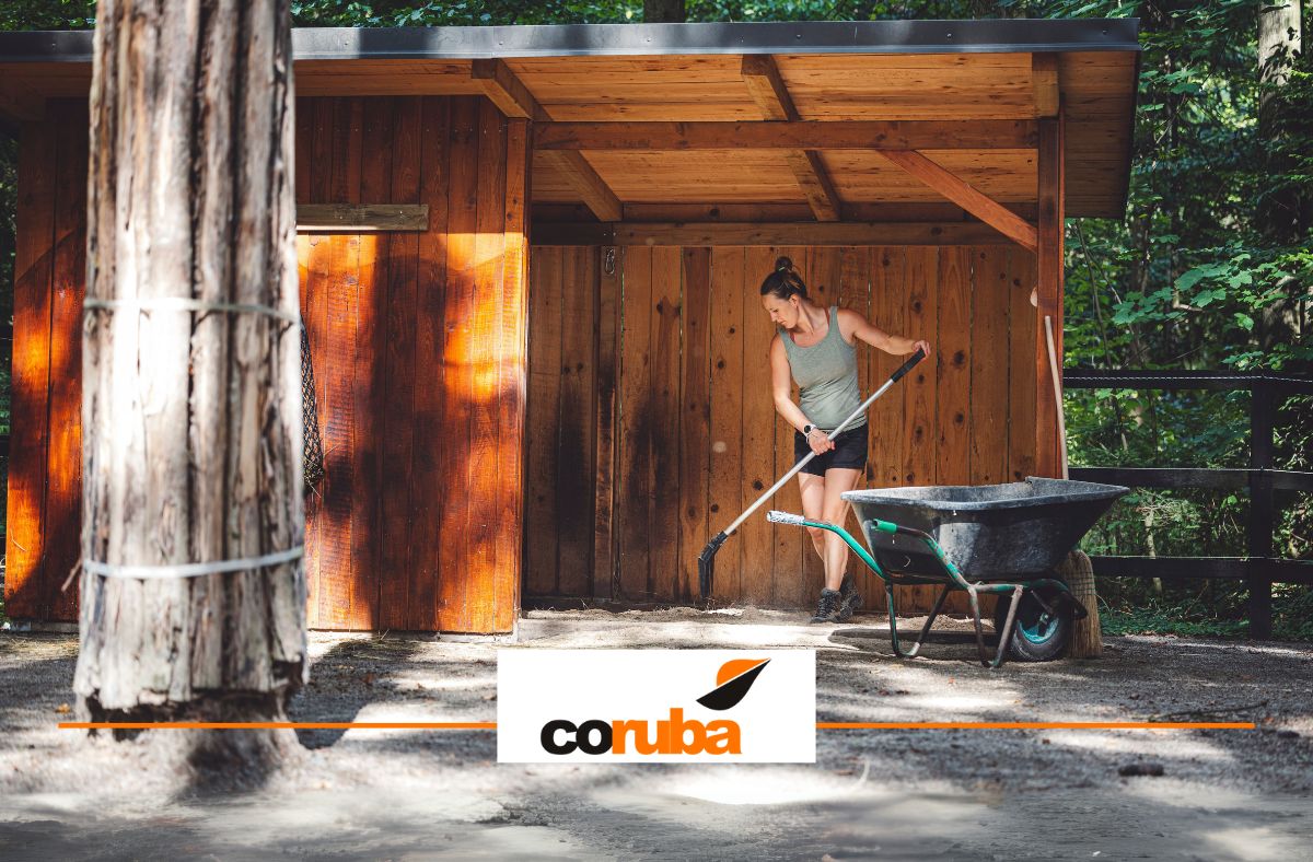Women cleaning horse stable.